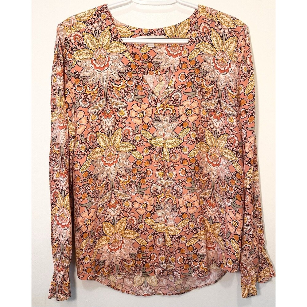 LOFT Floral Viscose Blouse Women’s Medium Long Sleeve Pink Boho Top